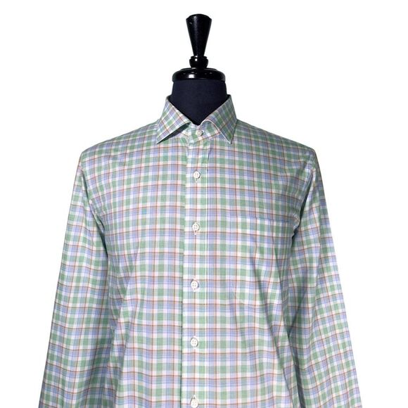 Sid Mashburn Mens Shirt Large Green Blue Plaid Slim Fit Button Up Long Sleeve - Picture 5 of 9
